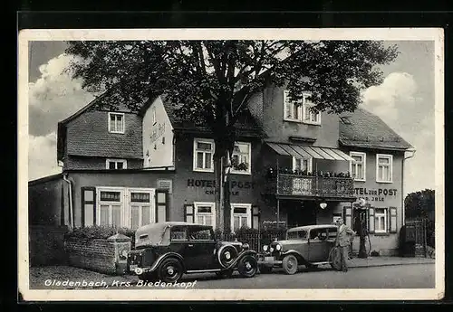 AK Gladenbach b. Biedenkopf, Hotel zur Post mit Autos