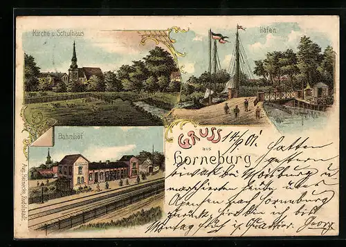 Lithographie Horneburg, Kirche und Schulhaus, Bahnhof, Hafen