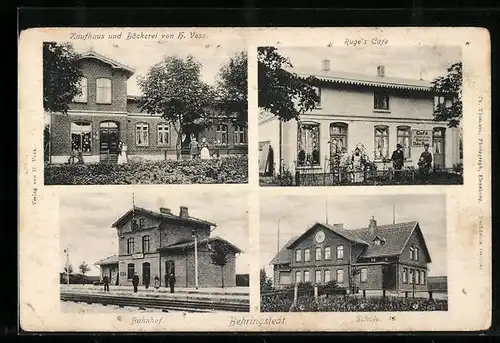 AK Beringstedt, Ruge`s Cafe, Bahnhof, Kaufhaus und Bäckerei von H. Voss