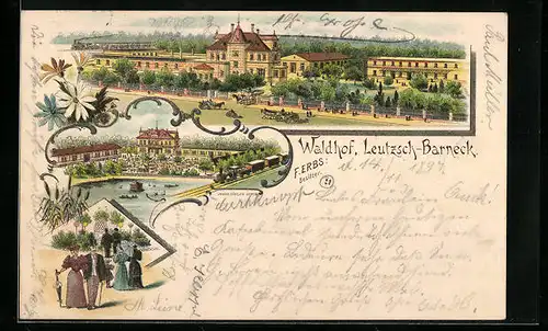 Lithographie Leutzsch-Barneck, Gasthof Waldhof aus der Vogelschau
