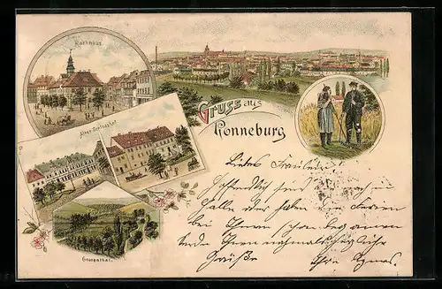 Lithographie Ronneburg, Rathaus, Alter Schlosshof, Totalansicht