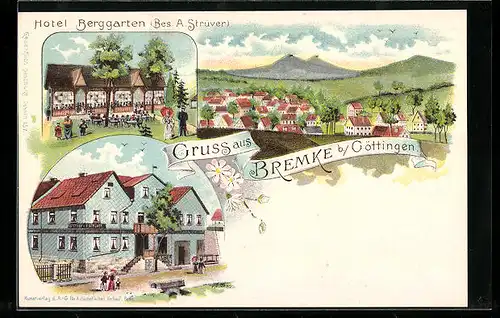 Lithographie Bremke b. Göttingen, Hotel Berggarten, Gasthof A. Strüver, Teilansicht