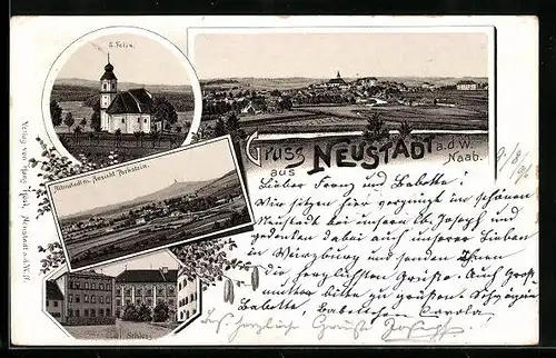 Lithographie Neustadt / Waldnaab, Kirche S. Felix, Altenstadt mit Ansicht Parkstein, Schloss