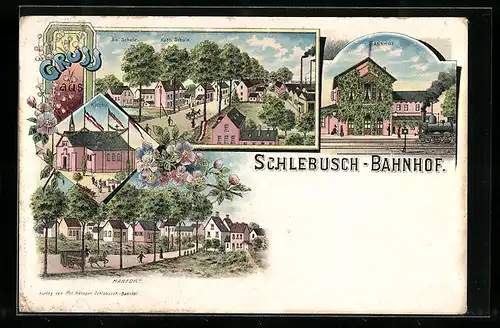 Lithographie Schlebusch, Ev. Schule, Kath. Schule, Manfort, Bahnhof
