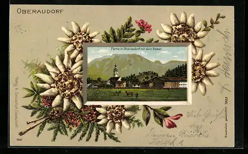 Präge-Lithographie Oberaudorf, Teilansicht mit dem Kaiser, Edelweiss