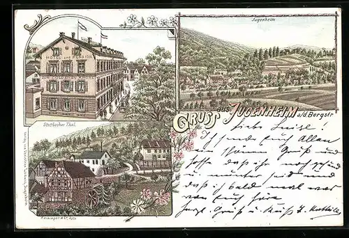 Lithographie Jugenheim a. d. Bergstr., Hotel zur Goldenen Krone, Mühle im Stettbacher Thal