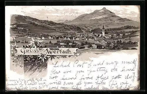 Lithographie Wertach, Ortsansicht aus der Vogelschau