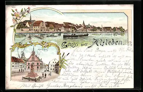 Lithographie Alsleben, Ortsansicht, Marktplatz