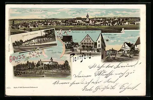 Lithographie Pleinfeld, Ortsansicht, Bahnhof m. Restauration, Marktplatz m. Rathaus