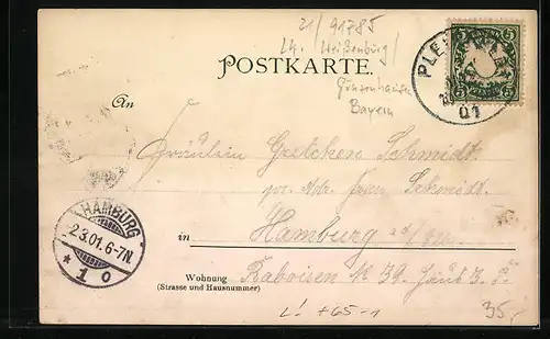 Lithographie Pleinfeld, Ortspartie mit Bahnhof