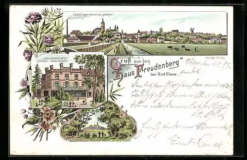 Lithographie Bad Cleve, Ortsansicht, Haus Freudenberg, Inh.: Franz Thunert