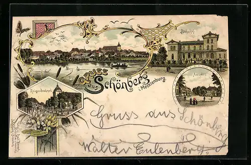 Lithographie Schönberg i. Mecklenburg, Ortsansicht, Bahnhof, Amtsplatz, Krieger-Denkmal