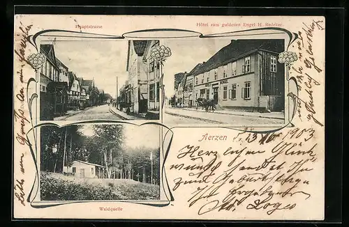 AK Aerzen, Hauptstrasse, Hotel zum goldenen Engel v. H. Redeker, Waldquelle