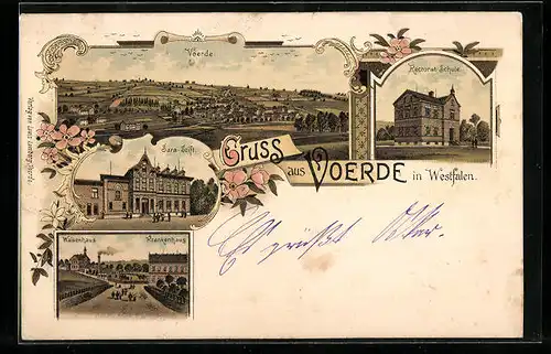 Lithographie Voerde /Westfalen, Sara-Stift, Waisenhaus und Rectorat-Schule