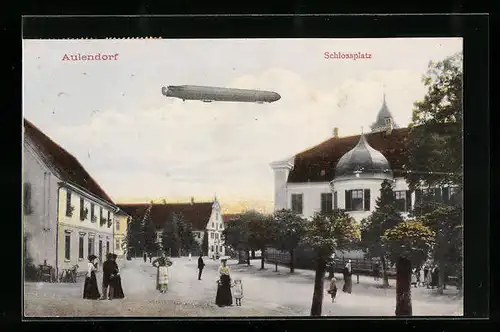 AK Aulendorf, Ein fliegendes Zeppelin über dem Schlossplatz