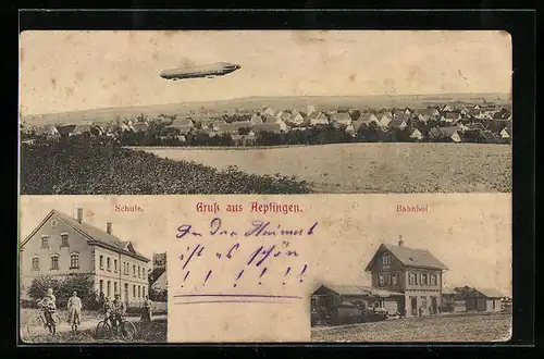 AK Aepfingen, Bahnhof, Schule und ein Zeppelin über der Ortschaft