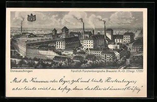 AK Donaueschingen, Ansicht der Fürstlich Fürstenbergischen Brauerei A.-G., Gegr. 1705