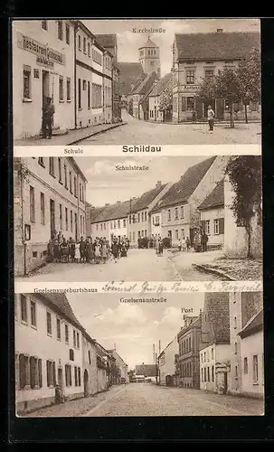 AK Schildau, Restaurant, Kirchstrasse und Gneisenaustrasse mit dem Gneisenaugeburtshaus