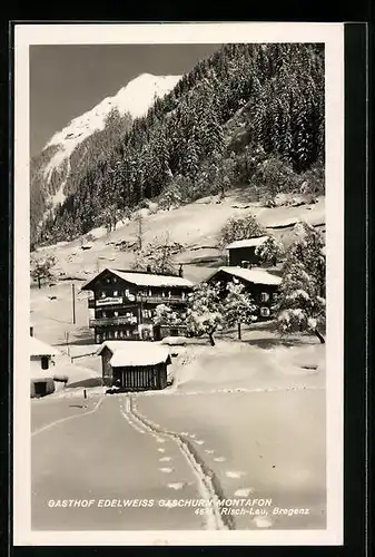 AK Gaschurn Montafon, Gasthof Edelweiss in verschneiter Berglandschaft