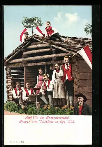 AK Egg /Bregenzerwald, Alphütte und Gruppe vom Volksfeste 1902, Trachten
