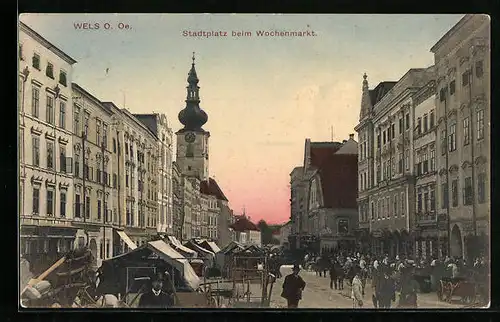 AK Wels, Stadtplatz beim Wochenmarkt