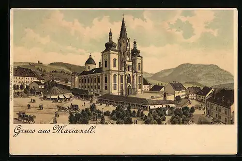 Lithographie Mariazell, Blick auf die Kirche mit Kutschen und Bergkulisse