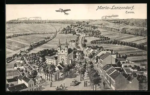 Künstler-AK Maria-Lanzendorf, Ortsansicht aus der Vogelschau mit Flugzeug, Eisenbahn und Autos