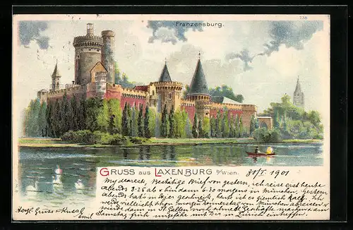 Lithographie Laxenburg b. Wien, Franzensburg mit Ruderboot