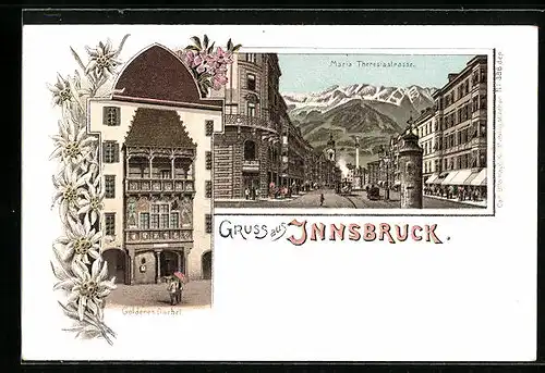 Lithographie Innsbruck, Maria Theresiastrasse, Goldenes Dachel