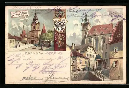 Lithographie Krems a. d. Donau, Steiner Thor und Treppenaufgang zur Kirche, Wappen