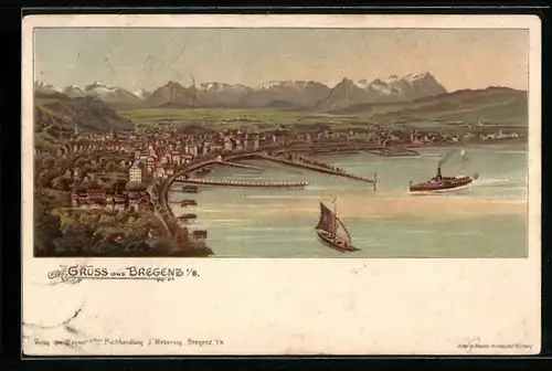 Lithographie Bregenz i. B., Panoramablick auf Ort und Alpen
