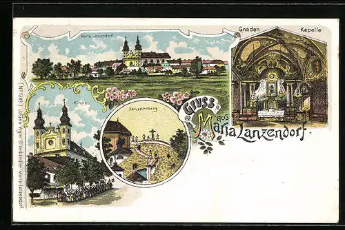 Lithographie Maria Lanzendorf, Kalvarienberg, Kirche