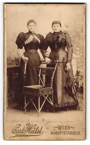 Fotografie Carl Heitel, Wien, Hauptstrasse 21, Zwei Schwestern im schwarzen Kleid mit Puffärmeln