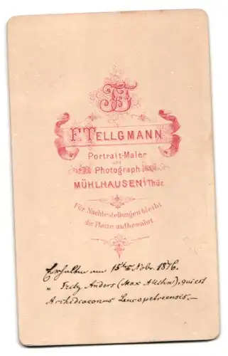 Fotografie F. Tellgmann, Mühlhausen i. Th., junger Mann Fritz Anders mit Fliege, 1876