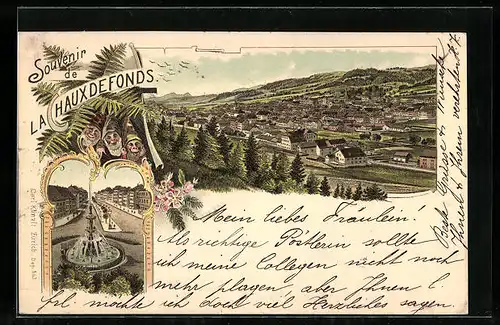 Lithographie La Chaux de Fonds, Teilansicht, Brunnen