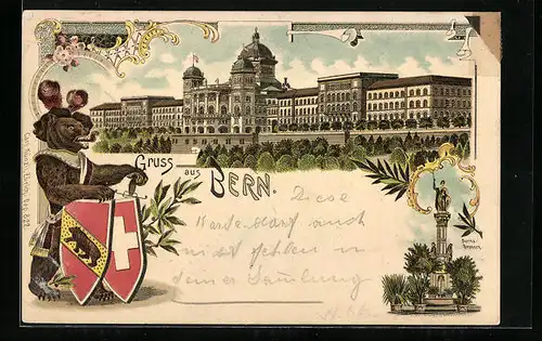 Lithographie Bern, Bundespalast, Berna-Brunnen, Berner Bär mit Wappen