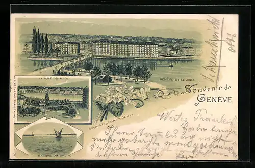 Lithographie Genéve, Panorama et le Jura, La Place des Alpes, Barque du Lac
