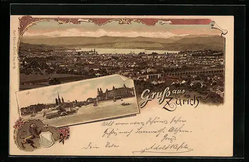 Lithographie Zürich, Teilansicht, Uferpartie mit Dampfboot