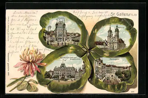 Lithographie St. Gallen, Schweiz. Bankverein und Broderbrunnen, Kathedrale und Unionplatz im Kleeblatt