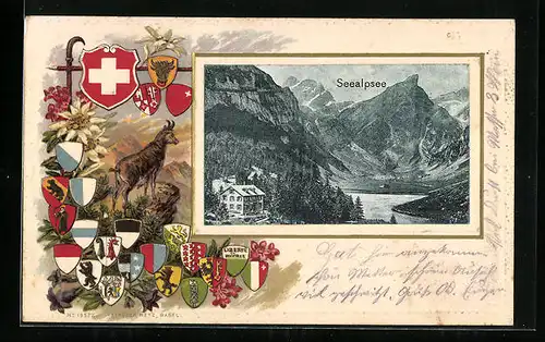 Präge-AK Seealpsee, Teilansicht mit Hotel, Gams auf Felsen, Wappen, Passepartout