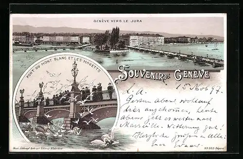Lithographie Genève, Panorama vers le Jura, Pont du Mont Blanc et les Mouetts