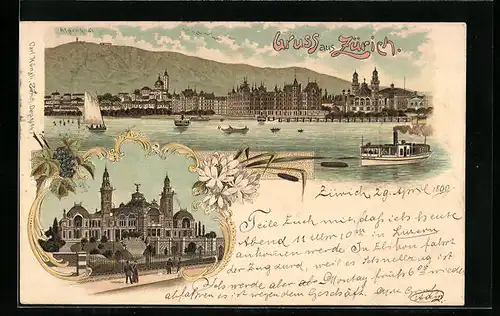 Lithographie Zürich, Alpenquai mit Dampfer, Tonhalle