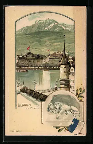 Präge-Lithographie Luzern, Uferpartie mit Pilatus, Löwendenkmal