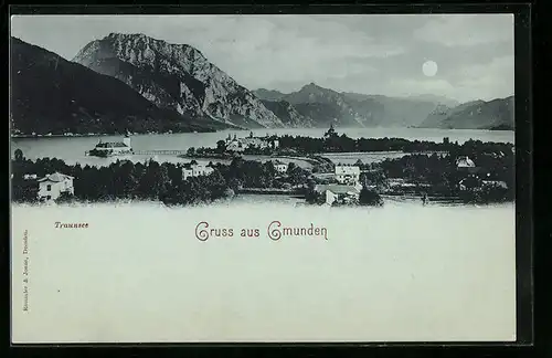 Mondschein-AK Gmunden /Traunsee, Ortsansicht bei Vollmond