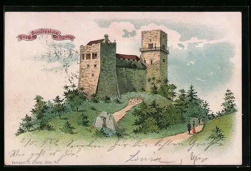 Lithographie Greifenstein a. d. Donau, Spaziergänger vor der Burg Greifenstein