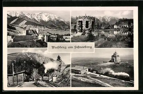 AK Puchberg am Schneeberg, Bahnhof mit Eisenbahn, Bergpanorama, See mit Grotte