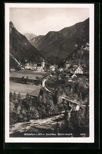AK Wildalpen, Ortsansicht mit Fluss und Gebirge