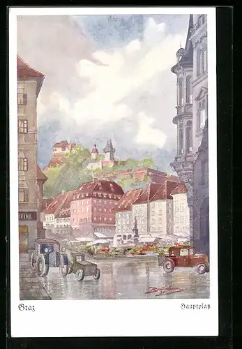 Künstler-AK Graz, Markt auf dem Hauptplatz