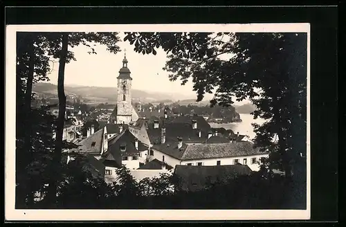 AK Grein a. D., Ortspartie mit Kirche vom Schlosspark aus