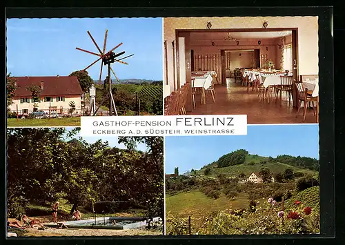 AK Eckberg a. d. Südsteir. Weinstrasse, Gasthof-Pension Ferlinz mit Pool, Speisesaal und Windrad